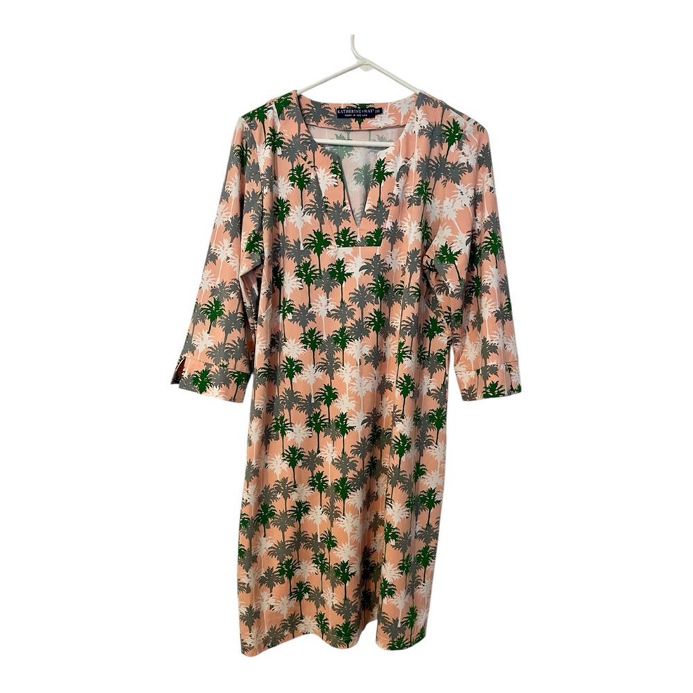 Katherine Way Peach Pink V-neck 3/4 sleeve Palm Tree pattern Shift dress 2XL